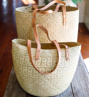 Woven Palm Leaf Bag With Leather Straps